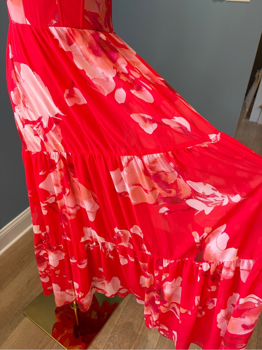 Lulus Red Pink Floral Bustier Tiered Maxi Dress Size Small - Picture 7 of 12